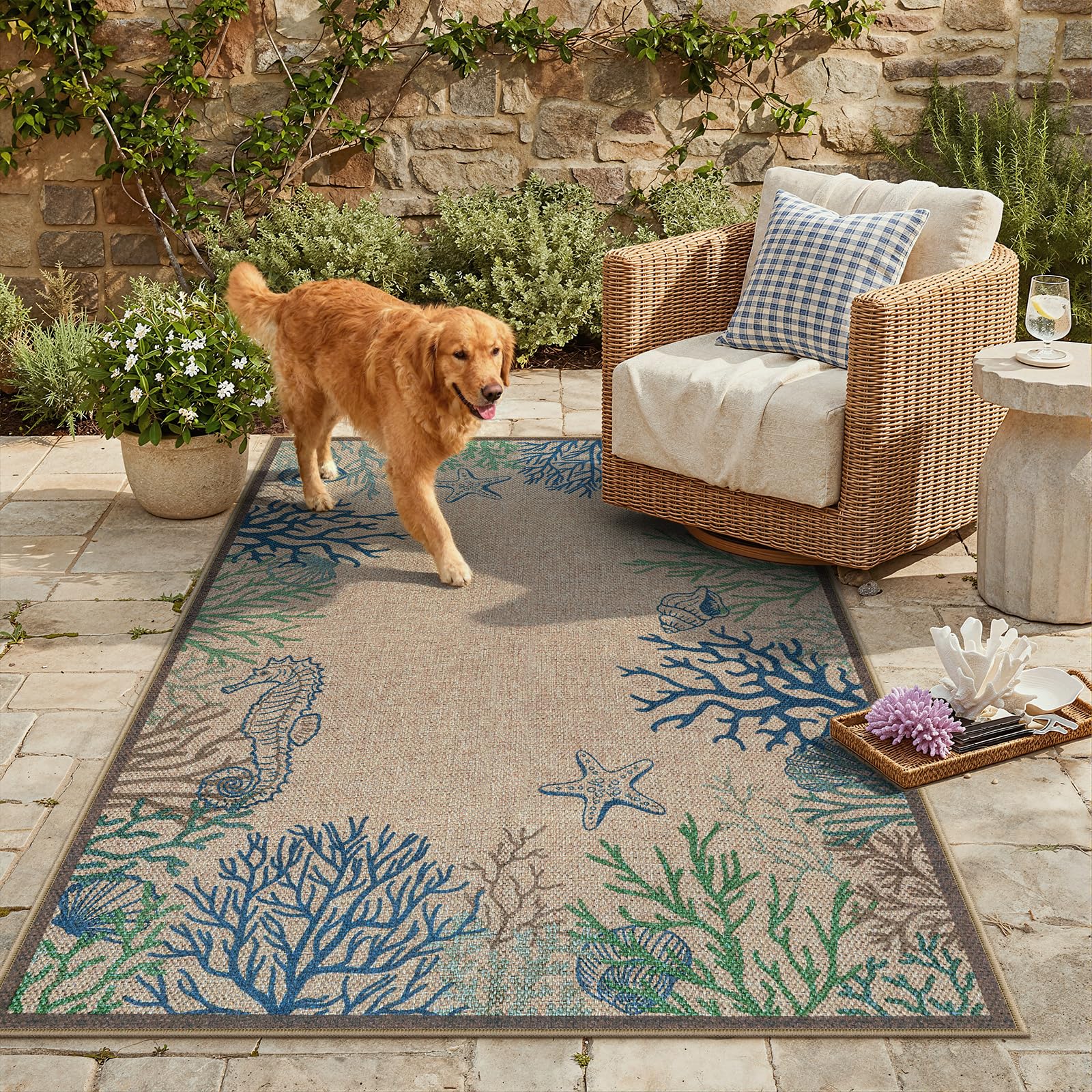 LIVEBOX rug featuring a seahorse detail evokes serene coastal vibes for living rooms or patios