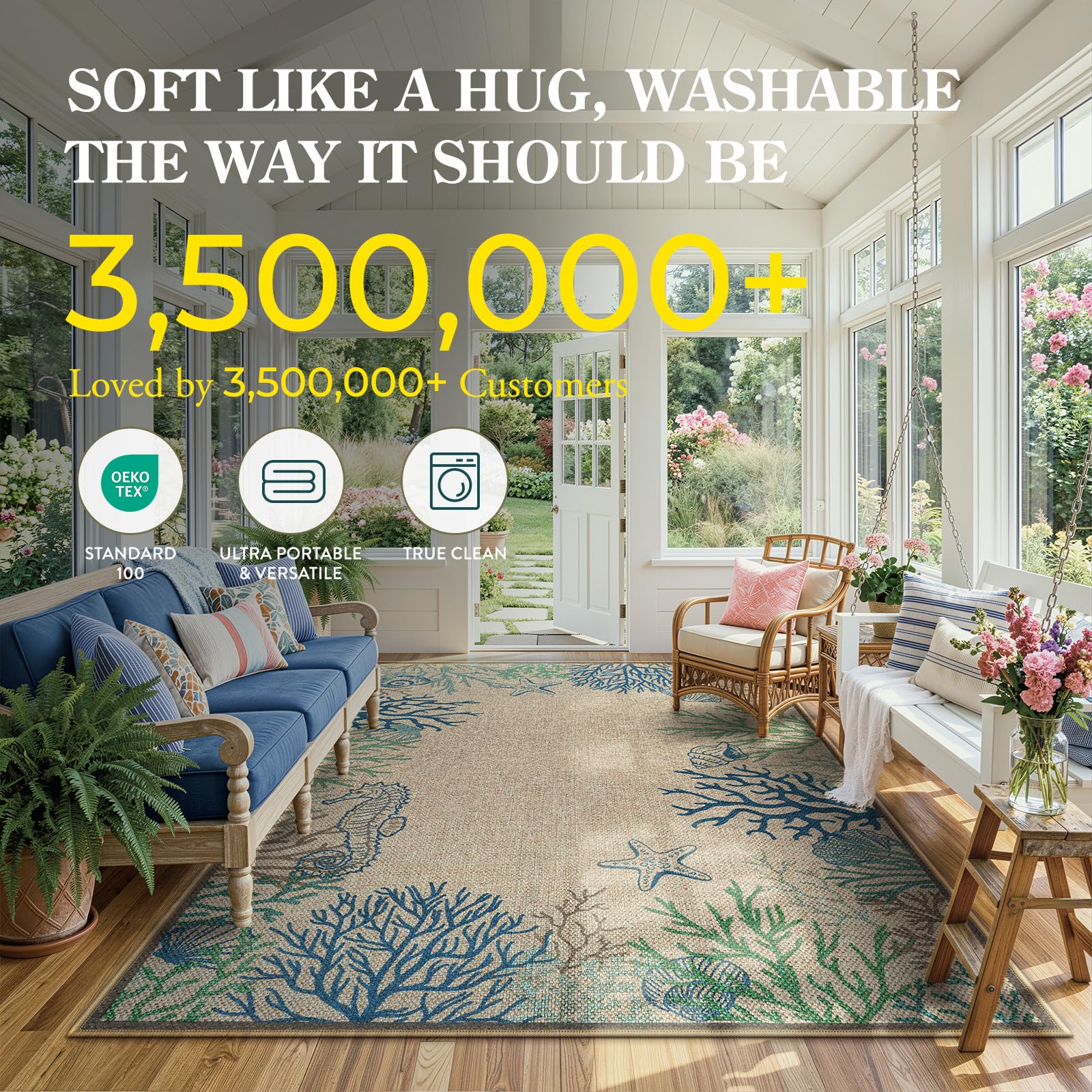LIVEBOX rug with seashell accents brightens porches while handling busy foot traffic