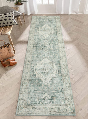 LIVEBOX Washable 2.5x8 Runner Rug in Sage Green for entryways with non-slip backing.