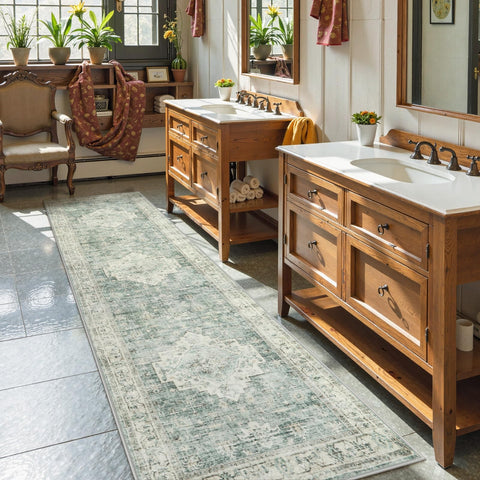 LIVEBOX Sage Green runner rug offers soft pile and family-friendly comfort.