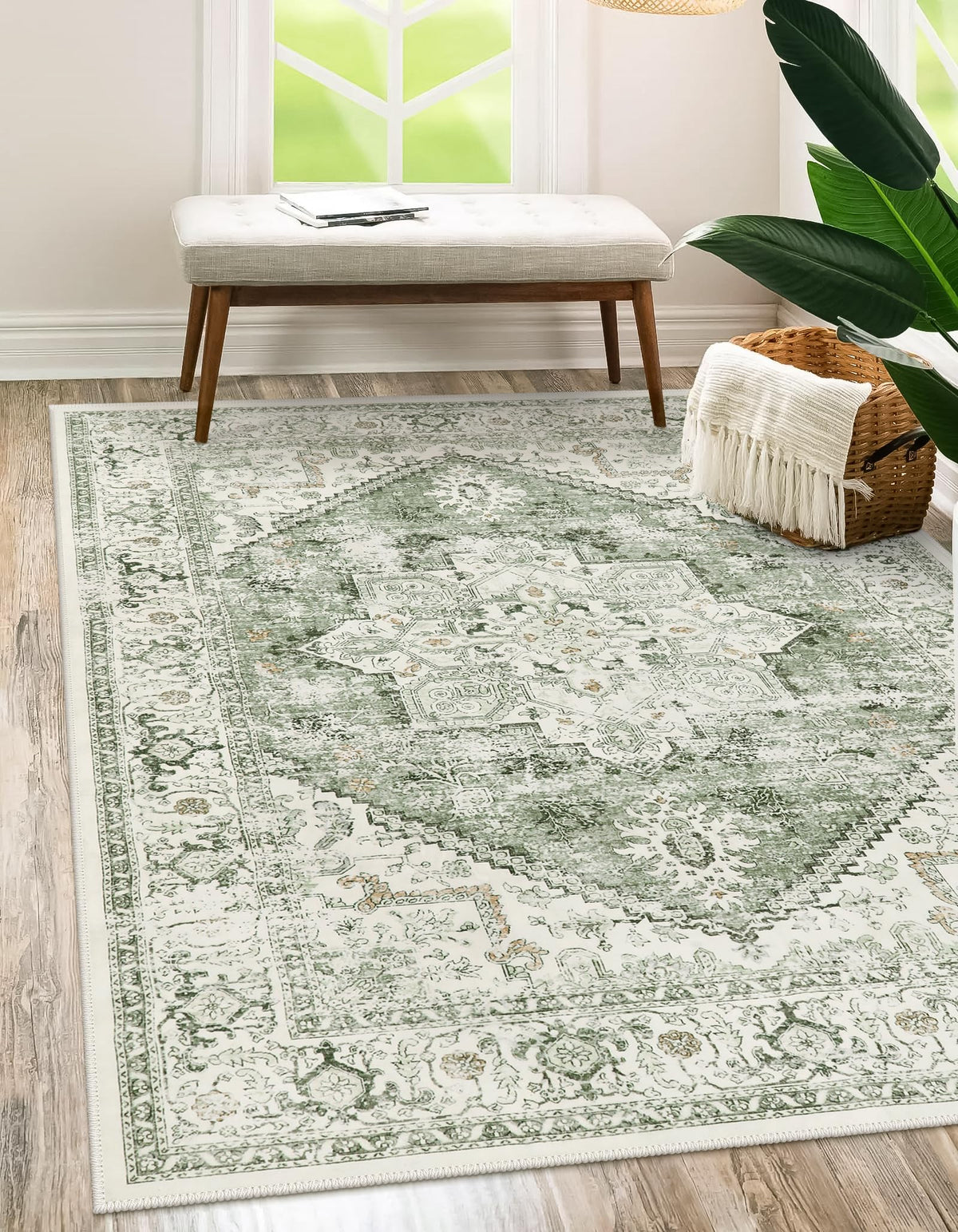 LIVEBOX washable area rug 5x7 folded for easy seasonal storage with no creases.