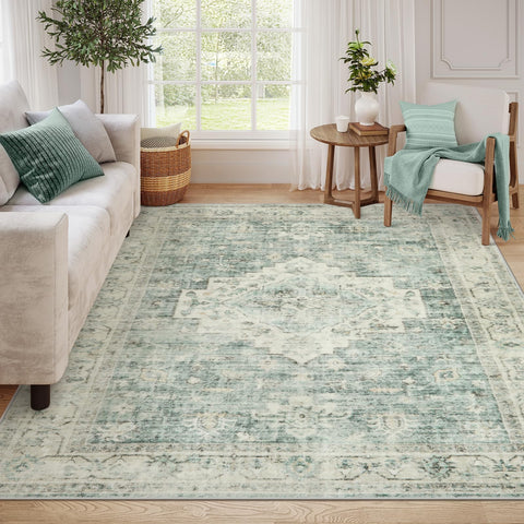 LIVEBOX washable area rug 8x10 sage green front view with soft, cozy pile