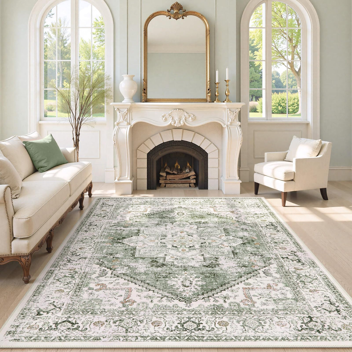 LiveBOX washable area rug 8x10 sage tribal pattern for easy cleaning in busy living spaces.