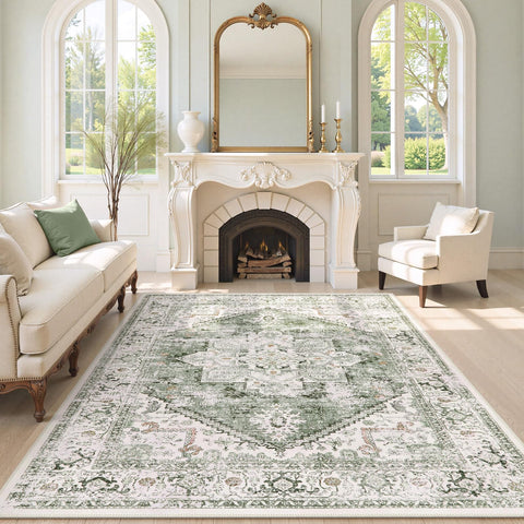 LiveBOX washable area rug 8x10 sage tribal pattern for easy cleaning in busy living spaces.