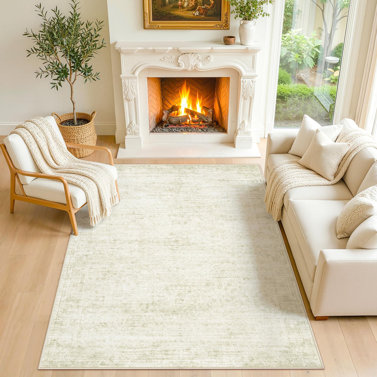 LIVELYGLOW 5x7 rug with vintage floral medallion pattern enhances living room decor.