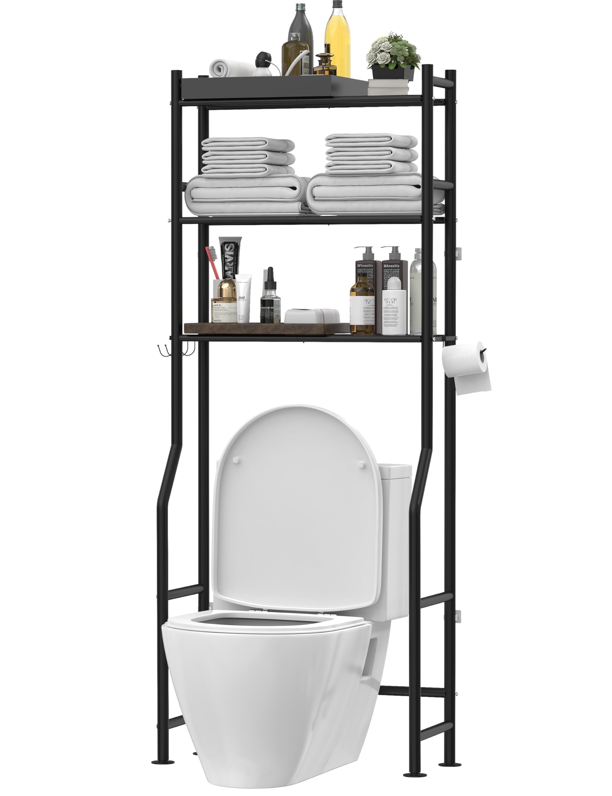 Livilord over-toilet storage 3-tier black shelves organize towels and paper.