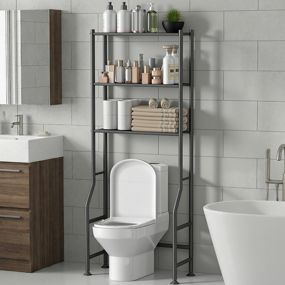 Livilord over-toilet 3-tier shelf front view for maximizing vertical storage in small spaces.
