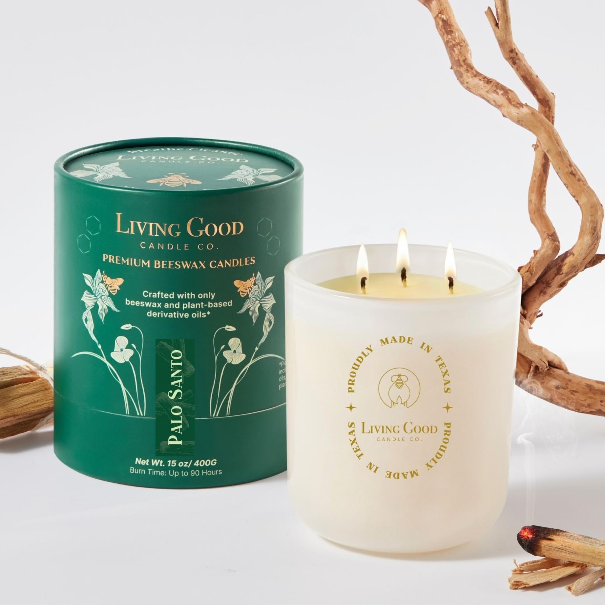 Living Good Candle Co Palo Santo Bergamot beeswax candle in a glass jar for a calming home scent.
