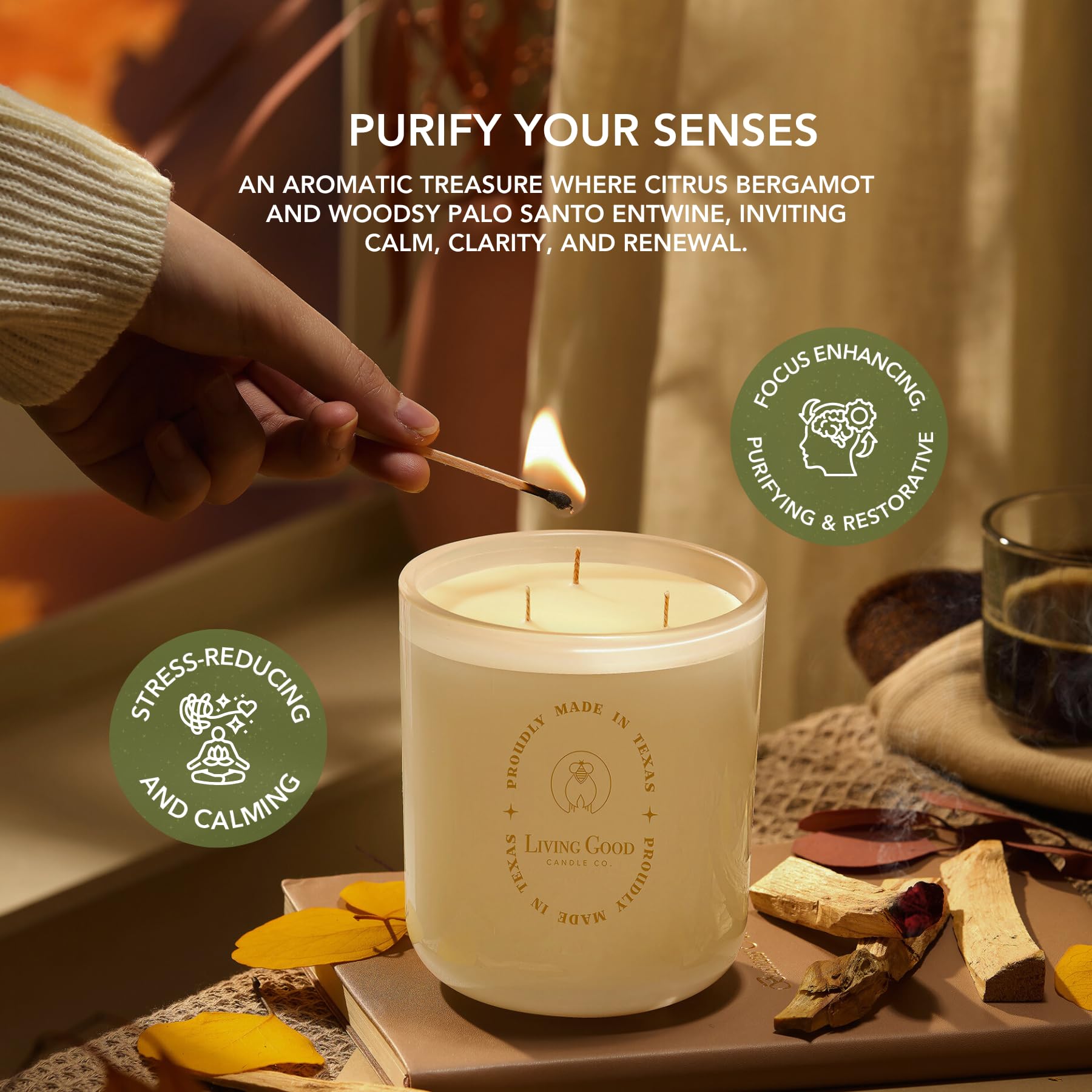 Living Good Candle Co Palo Santo Bergamot scent close-up with citrus-wood notes for cozy evenings.