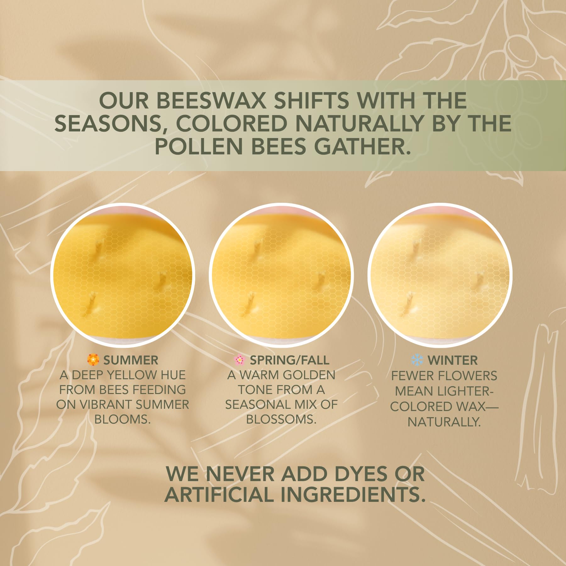 Living Good Candle Co seasonally shaded wax close-up showcases unique beeswax color.