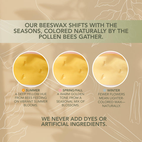 Living Good Candle Co seasonally shaded wax close-up showcases unique beeswax color.