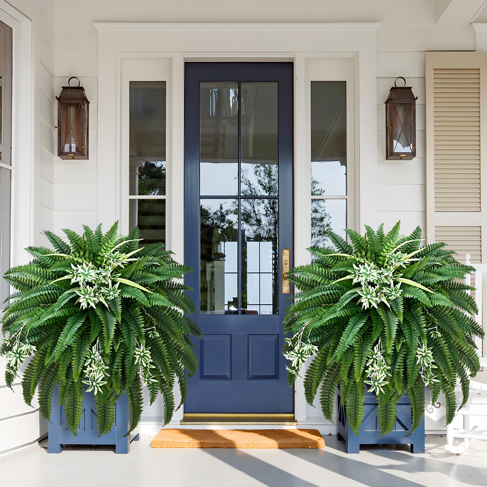 Livole 2-in-1 fake ferns with spider plant in outdoor display highlighting maintenance-free greenery