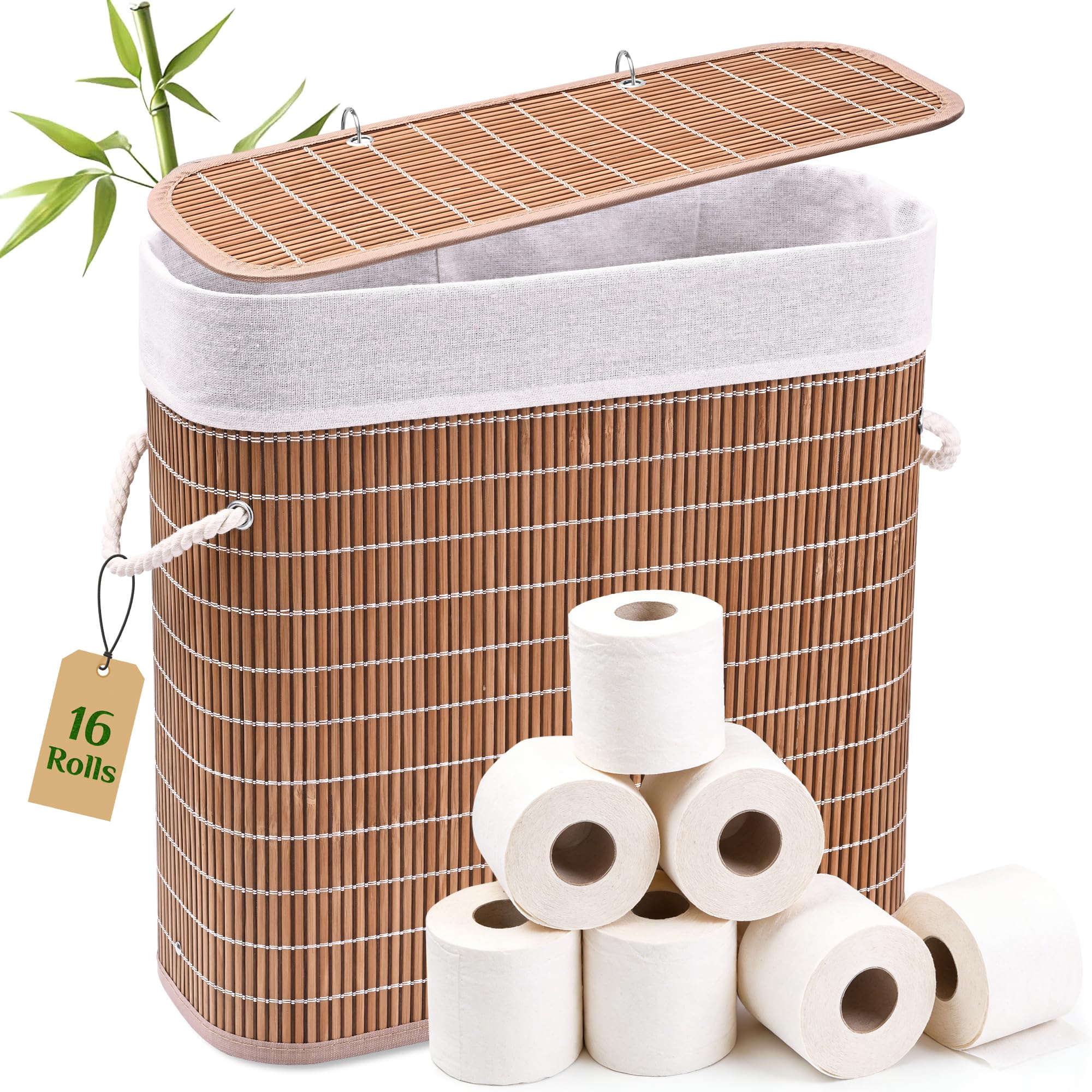 Livole bamboo toilet paper storage with lid keeps 16 rolls neatly organized and accessible.