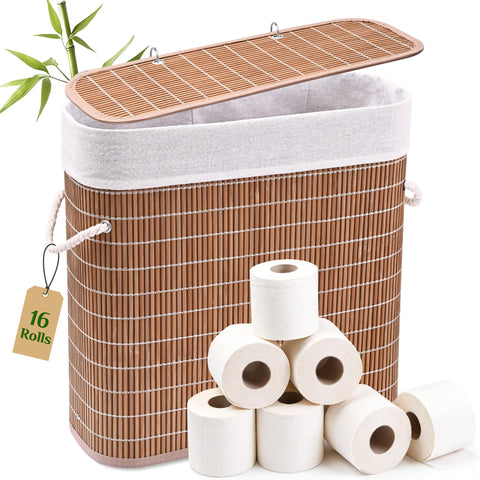 Livole bamboo toilet paper storage with lid keeps 16 rolls neatly organized and accessible.
