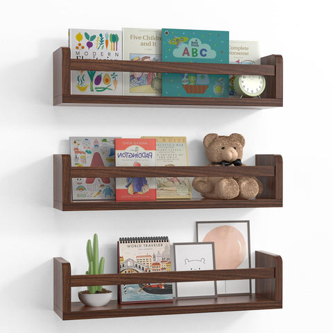 Lizgaho floating wall nursery shelves front view with walnut finish for cozy storage