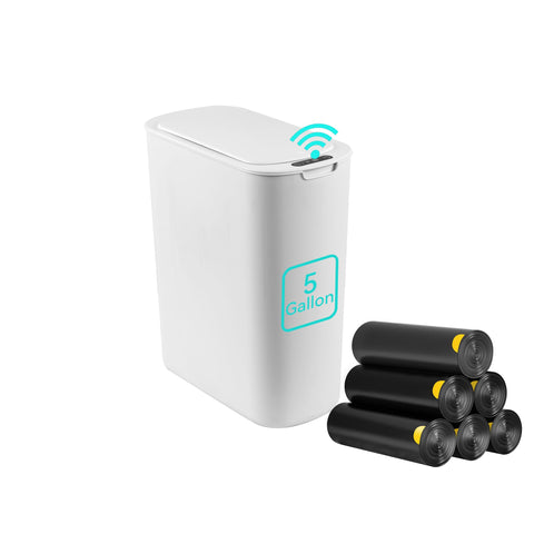 LJIACLEA 5-gallon motion-sensor trash can front view, space-saving design for tight rooms.