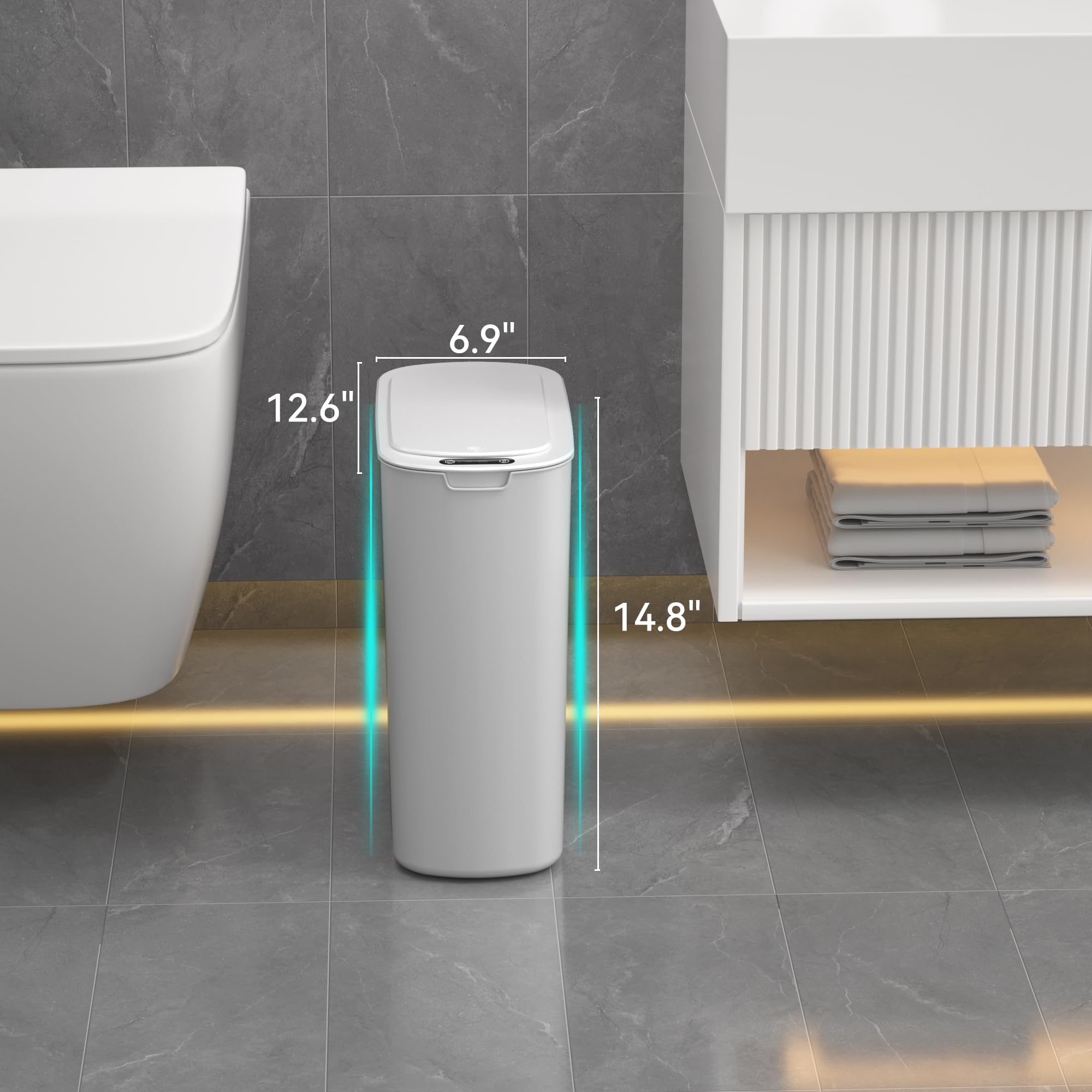 LJIACLEA 5-gallon motion-sensor trash can with lid closed, odor control at a glance.