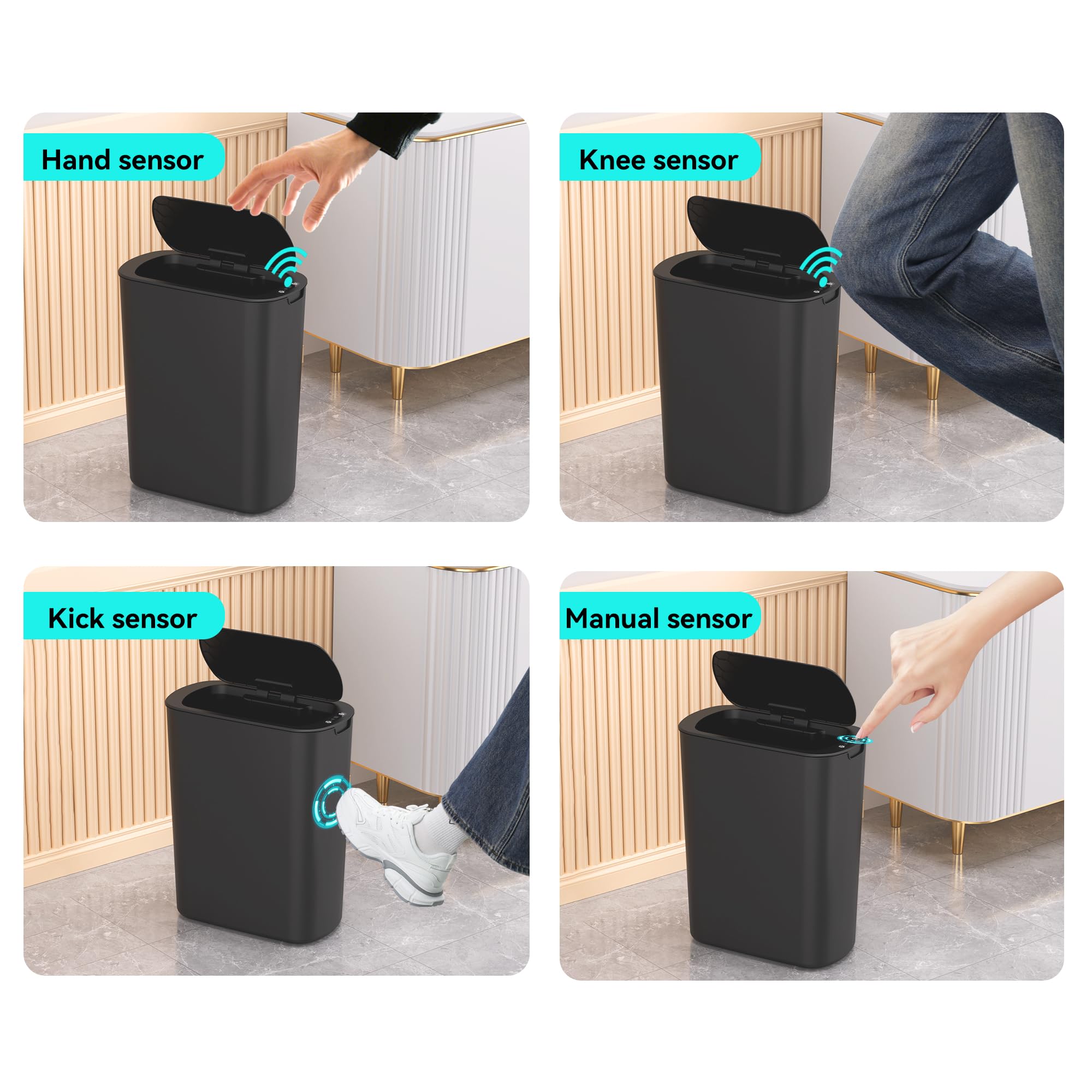 LJIACLEA automatic trash can showing motion sensing modes in use.