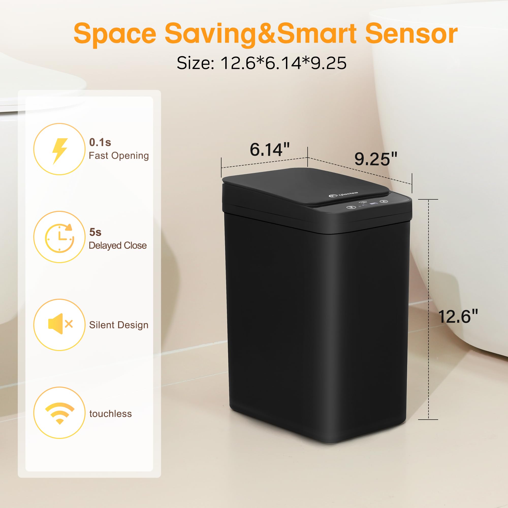 LJIACLEA black bathroom trash can lid open for hands-free access.