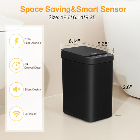LJIACLEA black bathroom trash can lid open for hands-free access.