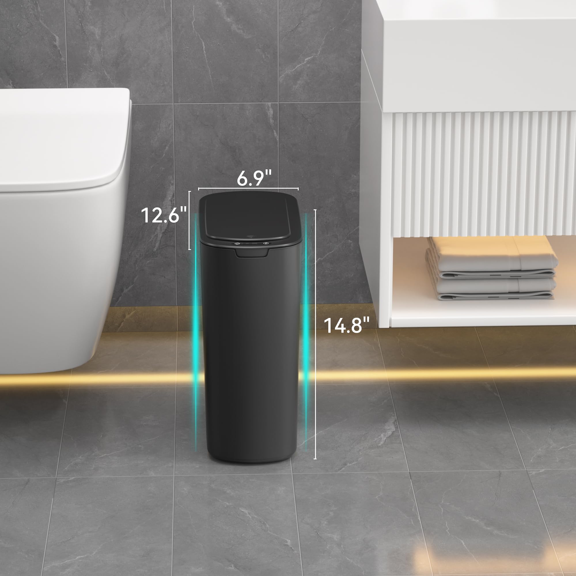 LJIACLEA trash can lid closed showing odor-control feature in compact bathroom.