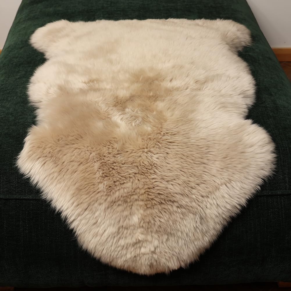 LLB genuine sheepskin area rug in cream-brown on floor, add warmth and texture