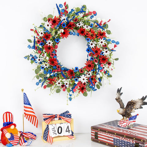 LLZLL patriotic wreath with daisies highlights red petals and white accents for festive charm.