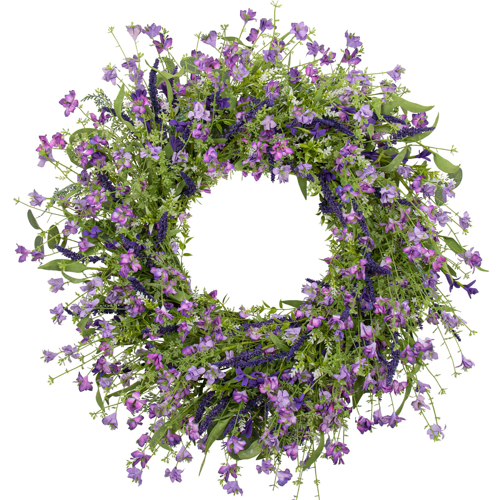 LLZLL Purple Spring Wreath on front door enhances curb appeal with violet and lavender tones.