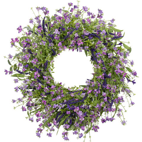 LLZLL Purple Spring Wreath on front door enhances curb appeal with violet and lavender tones.
