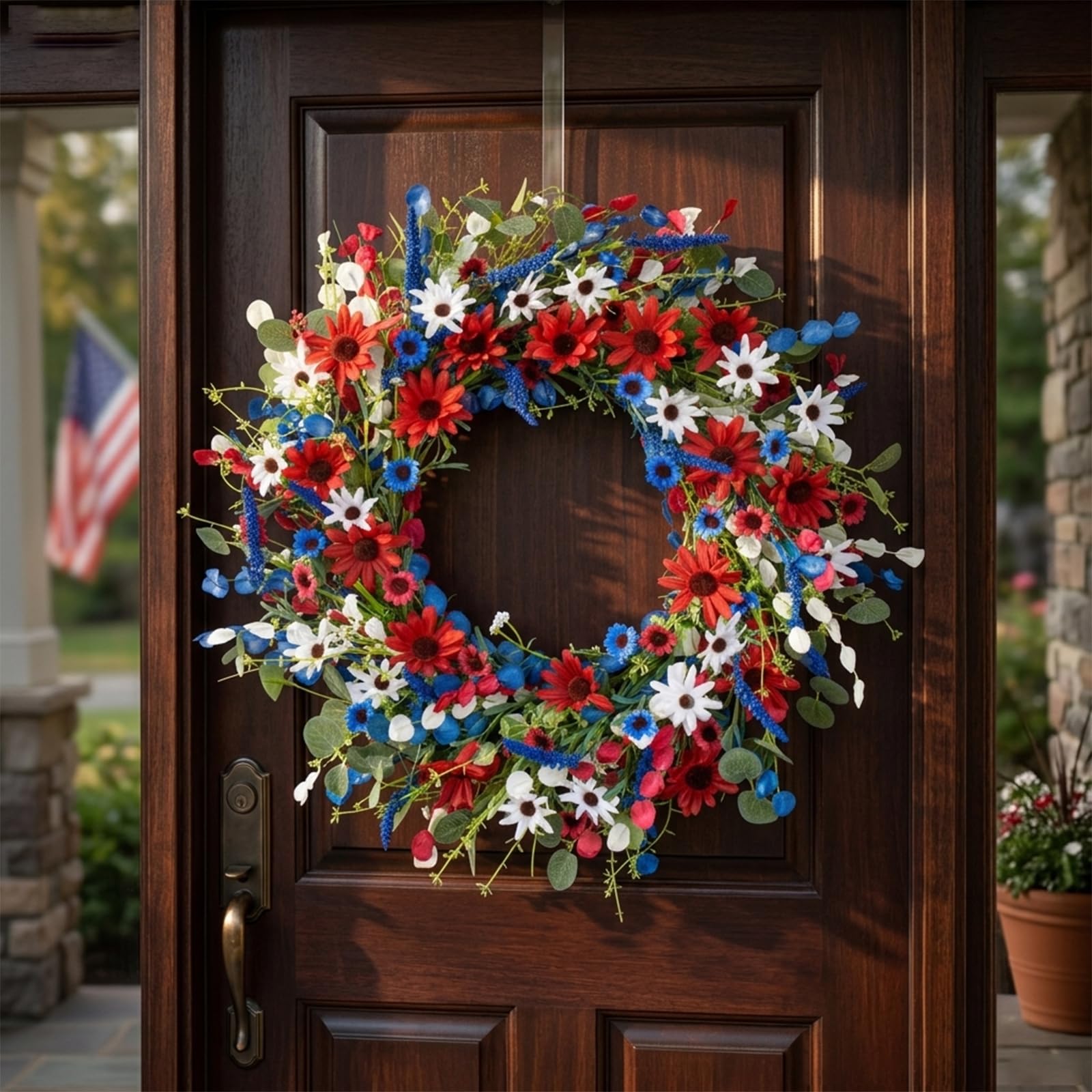 LLZLL wreath hanging on porch offers quick seasonal refresh and inviting entry.