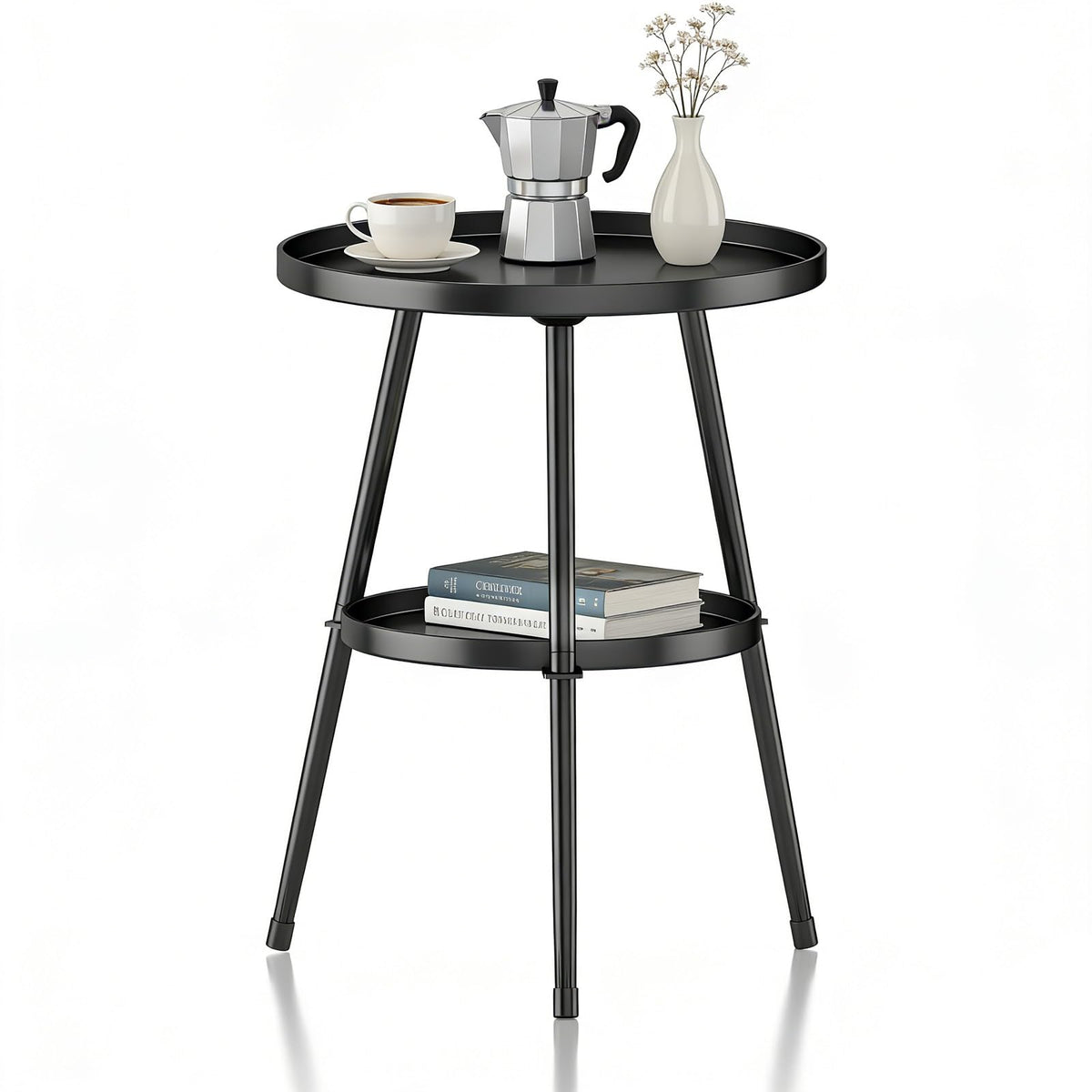 LMGVRZK side table 2-tier round metal black finish, ideal for compact living spaces.