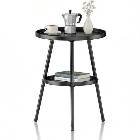 LMGVRZK side table 2-tier round metal black finish, ideal for compact living spaces.