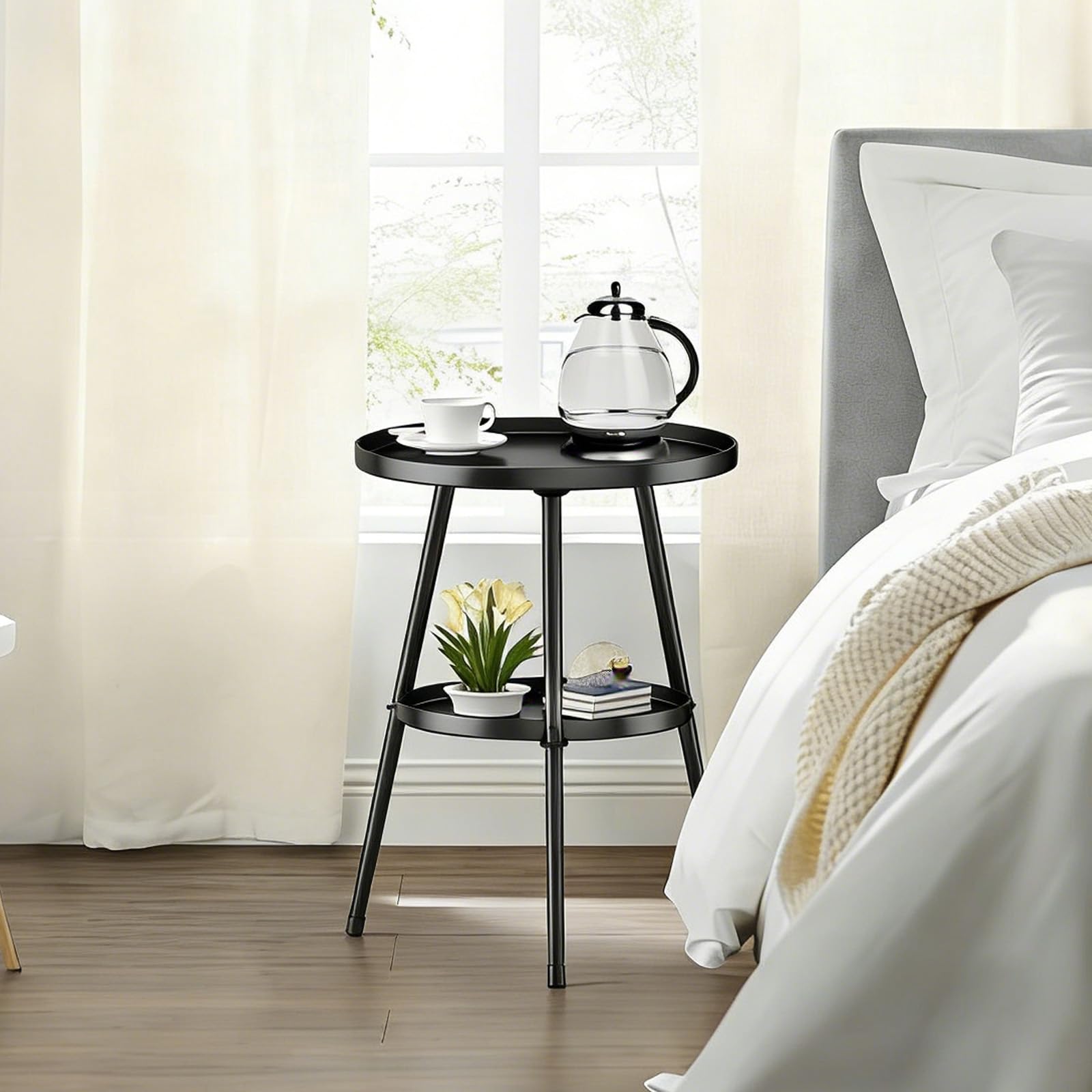 LMGVRZK side table in a living room setup with plant and lamp.