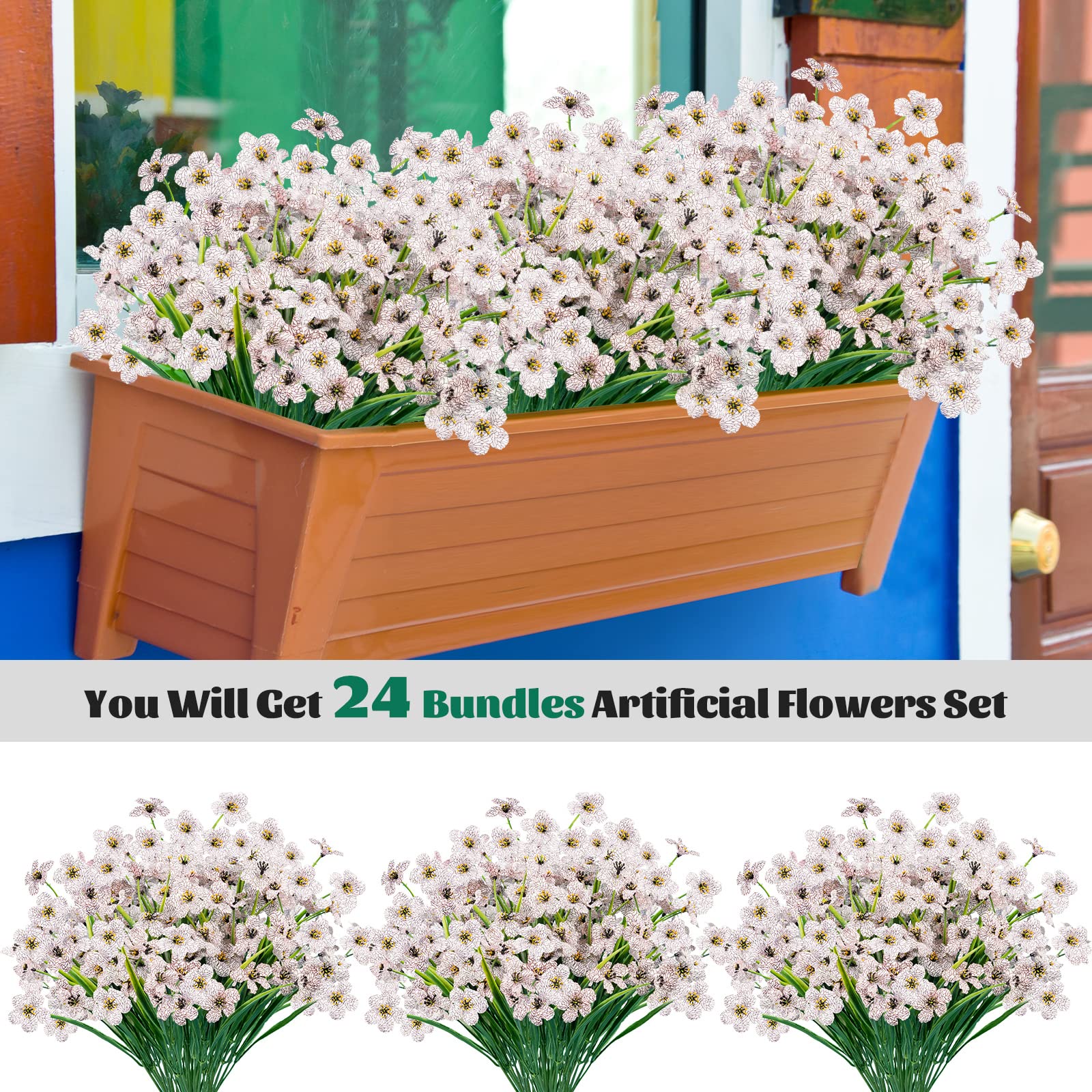Lnoicy 24Pcs artificial flowers on balcony brighten evenings without watering.
