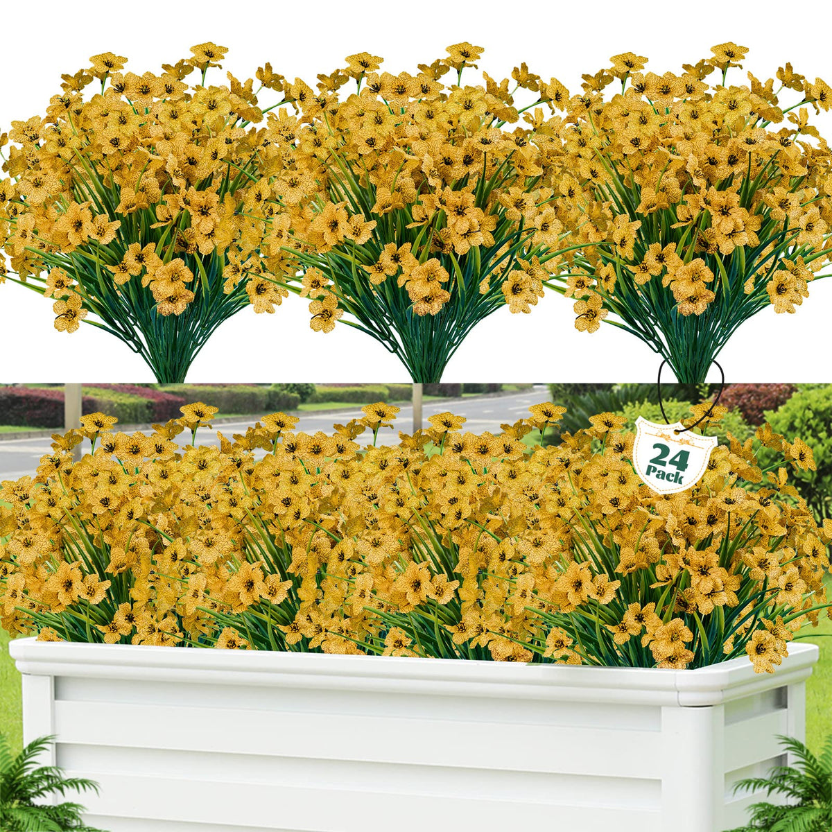 Lnoicy yellow artificial flowers on front porch offering durable outdoor decor