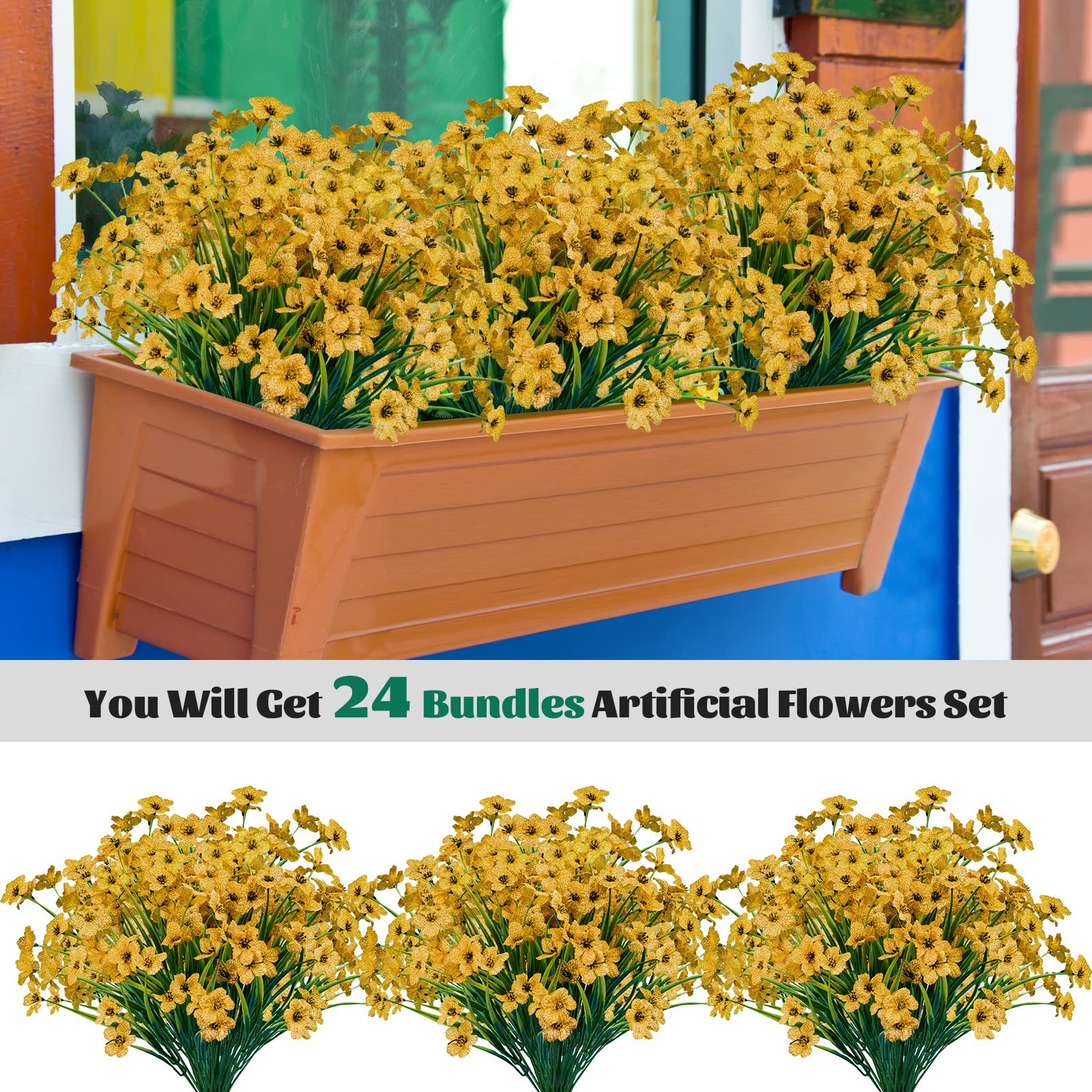 Lnoicy yellow artificial flowers on window sill staying vibrant with minimal care