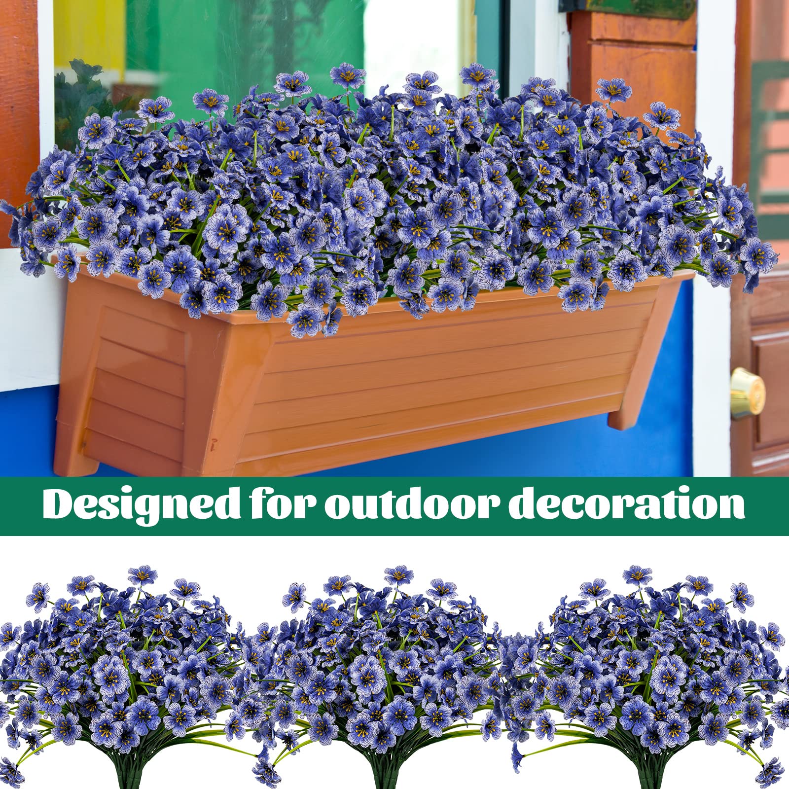 Lnoicy UV-resistant blue faux flowers for balcony or patio arrangements.