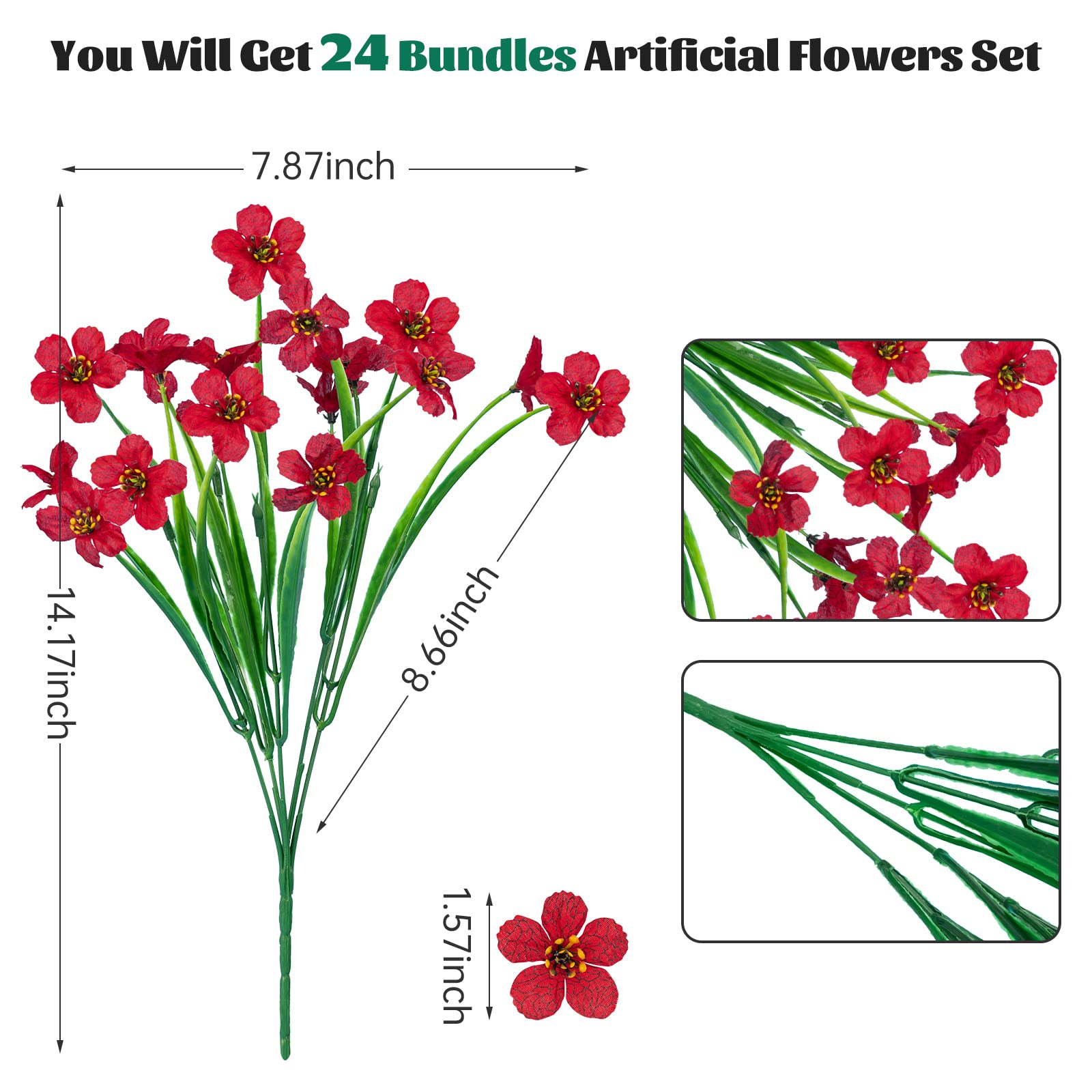 Lnoicy red faux flowers for garden borders stay vivid.
