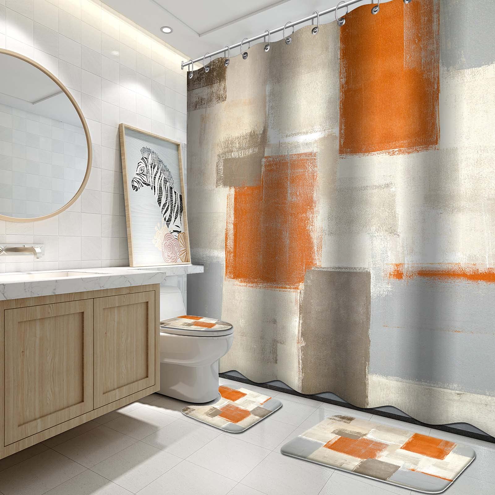 Lnond orange shower curtain featuring vibrant art design to brighten bathrooms.