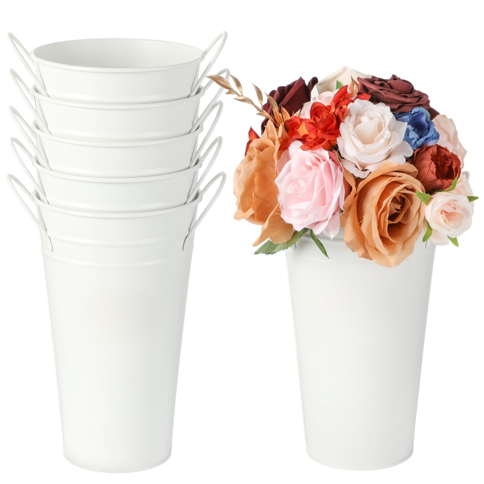 Lnrueg six white flower buckets for versatile decor arrangements.
