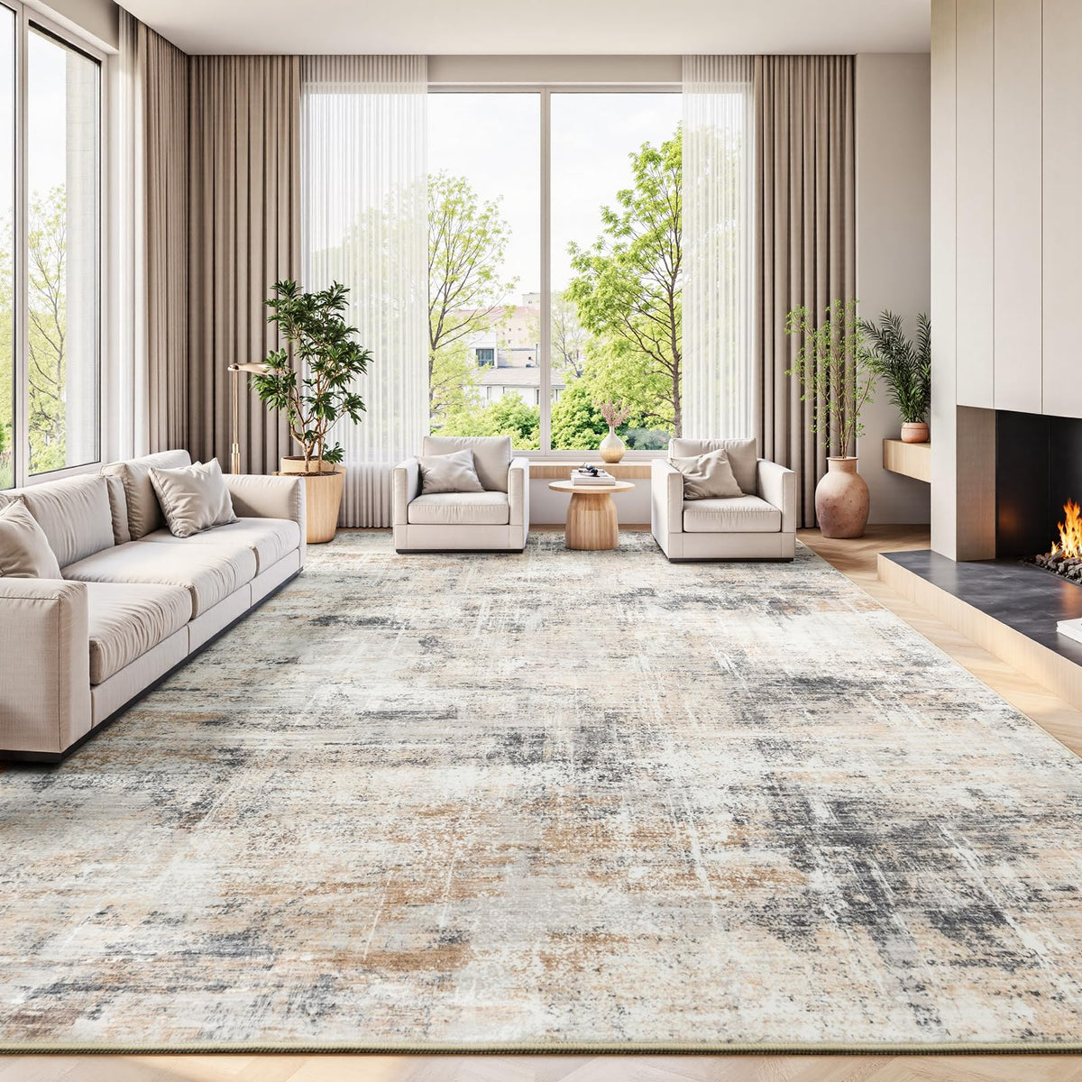 Lofus 9x12 gold abstract rug front view enhances living room ambiance with modern style.
