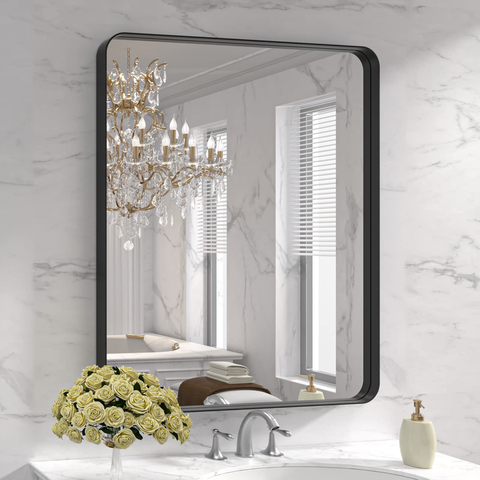 LOAAO 30x36 inch black metal framed mirror with distortion-free reflection.