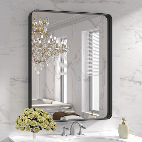 LOAAO 30x36 inch black metal framed mirror with distortion-free reflection.