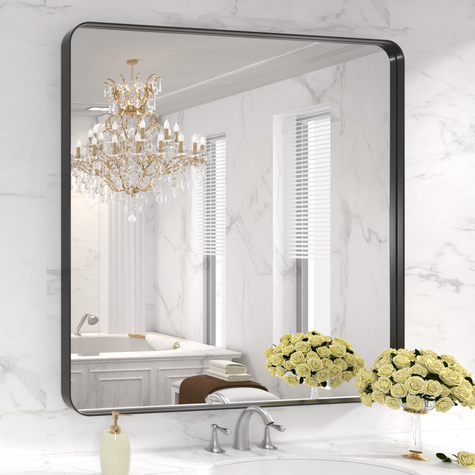 LOAAO 36x36 black metal framed bathroom mirror offers a crisp, distortion-free reflection.