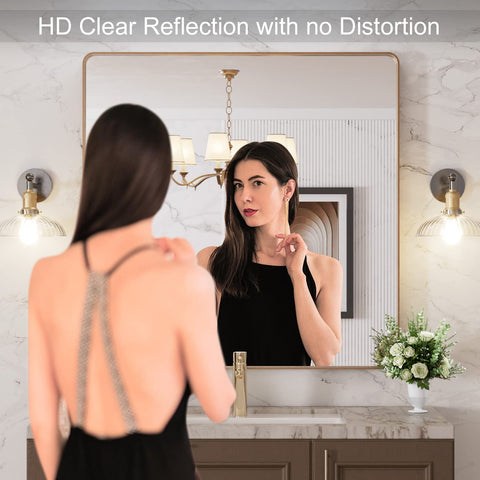 LOAAO brushed gold frame mirror, wall-mounted, adds contemporary luxury to baths.