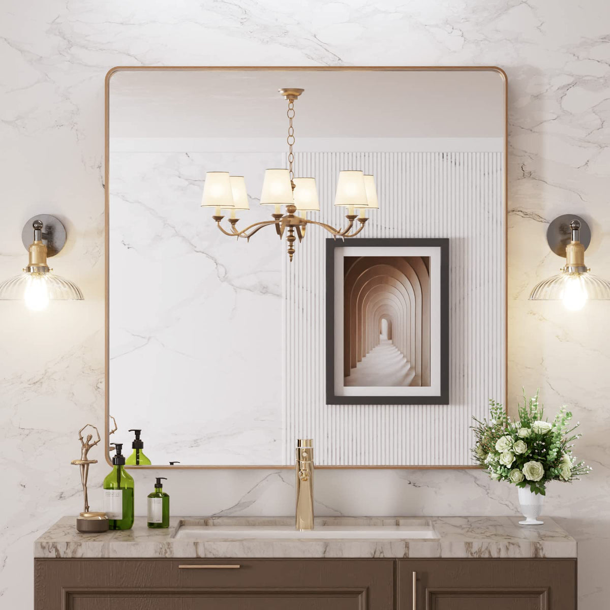 LOAAO gold bathroom mirror with rounded rectangle frame for clear reflections.