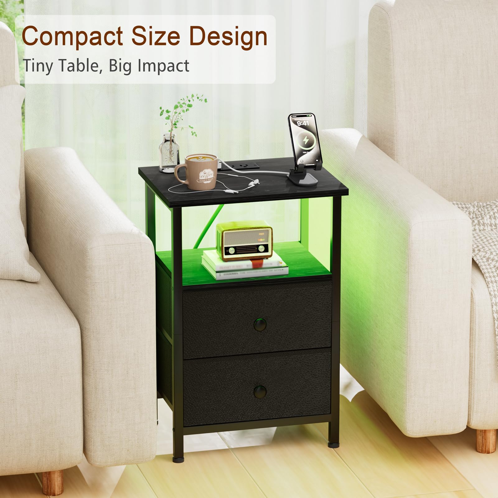 LOAKEKEL nightstand adjustable feet stabilize on uneven floors.
