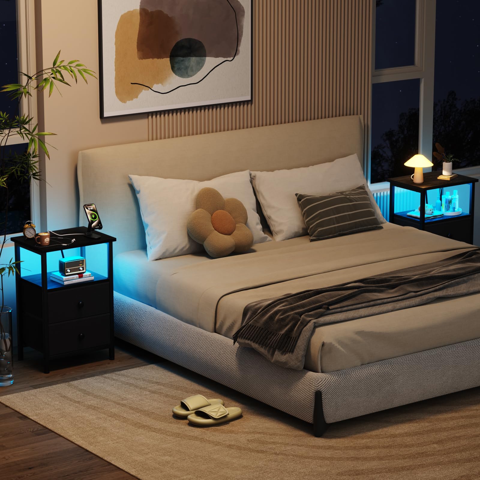 LOAKEKEL bedroom scene showcases organized nightstand in a modern space.