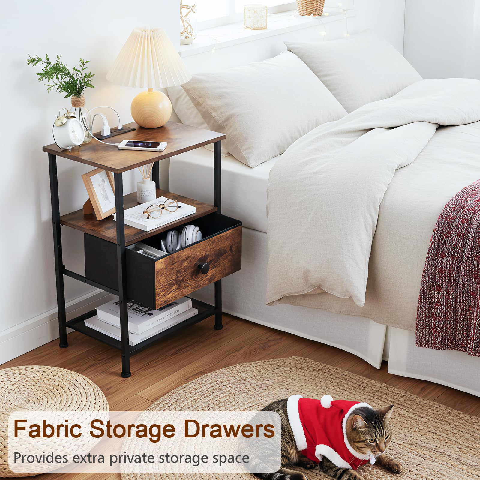 LOAKEKEL bedside table fabric drawer demonstrating hidden storage in small spaces