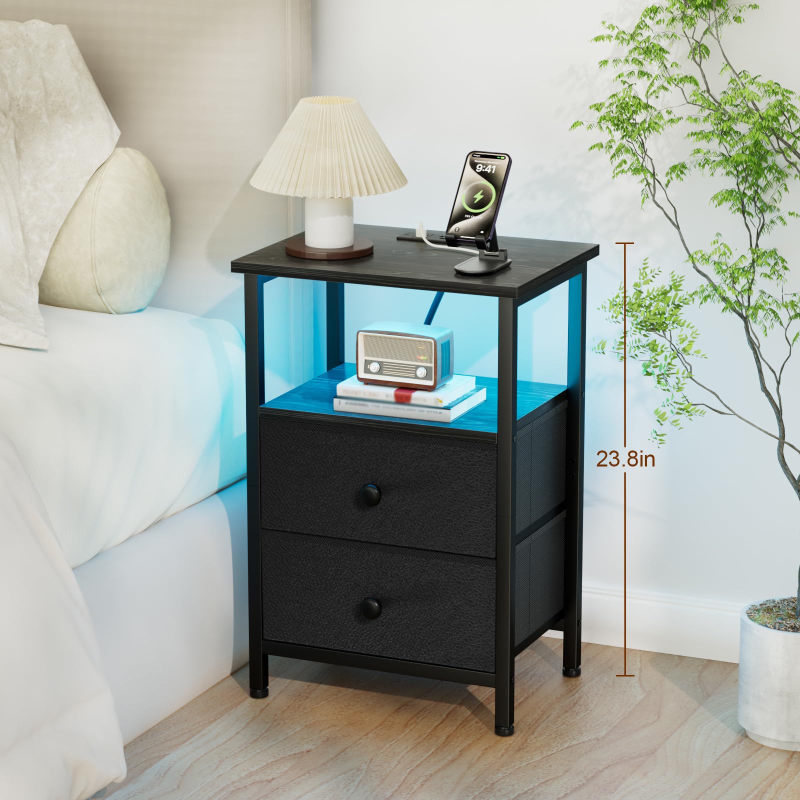 LOAKEKEL nightstand with built-in charging station and USB-C ports for clutter-free charging.